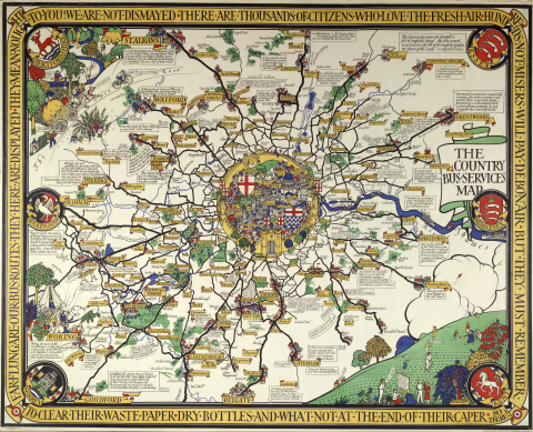 Far flung our bus routes (map), by MacDonald Gill, 1928